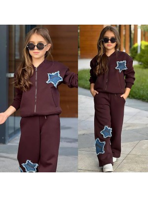 Aykidsclup Kız Çocuk Kot Yıldız Detaylı Şardonlu Fermuarlı Sweatshirt ve Bol Paça Eşofman Takımı 43183 K-