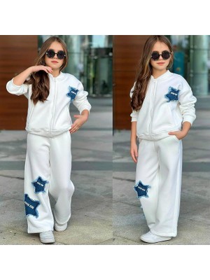 Aykidsclup Kız Çocuk Kot Yıldız Detaylı Şardonlu Fermuarlı Sweatshirt ve Bol Paça Eşofman Takımı 43183 -