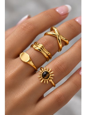 Trend Collection 4'lü Gold Renk Vintage Modern Kadın Yüzük Kombini