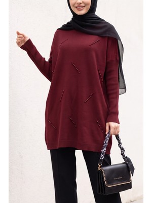 Moda Morfo Yarım Boğazlı Sıralı Incili Salaş Triko Tunik -Bordo