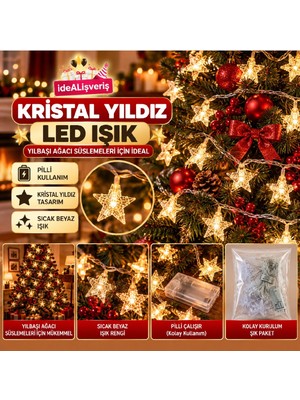 Bkmc Party Kristal Damla, Yıldız ve Çubuk Figürlü Pilli Peri LED Sıcak Beyaz Yılbaşı Süsleme ve Dekorasyon Işığı Yılbaşı Süsü Figürlü LED