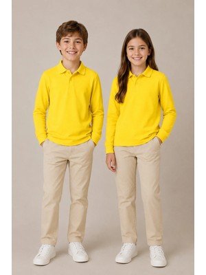 Nymora Çocuk Unisex 2'li Polo Yaka Uzun Kollu Okul Tişört %100 Pamuk 2-14 Yaş