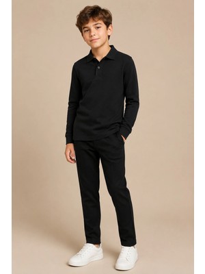 Nymora Çocuk Unisex Polo Yaka Uzun Kollu Tişört %100 Pamuk 2-14 Yaş