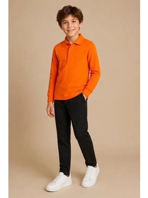 Nymora Çocuk Unisex Polo Yaka Uzun Kollu Tişört %100 Pamuk 2-14 Yaş