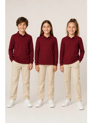 Nymora Çocuk Unisex 3'lü Polo Yaka Uzun Kollu Okul Tişört %100 Pamuk 2-14 Yaş