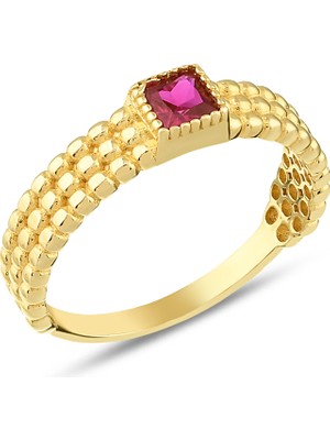 Debora Jewelry 14 Ayar Altın Kare Model Pembe Taşlı Yüzük