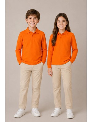Nymora Çocuk Unisex 2'li Polo Yaka Uzun Kollu Okul Tişört %100 Pamuk 2-14 Yaş