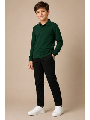 Nymora Çocuk Unisex Polo Yaka Uzun Kollu Tişört %100 Pamuk 2-14 Yaş