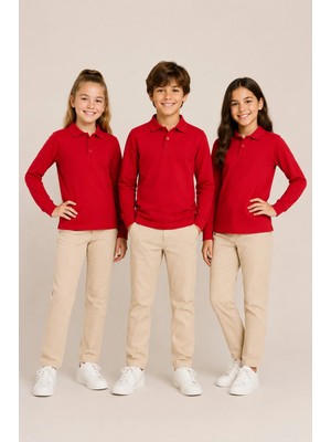 Nymora Çocuk Unisex 3'lü Polo Yaka Uzun Kollu Okul Tişört %100 Pamuk 2-14 Yaş
