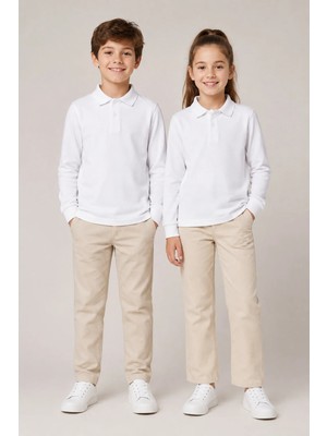 Nymora Çocuk Unisex 2'li Polo Yaka Uzun Kollu Okul Tişört %100 Pamuk 2-14 Yaş