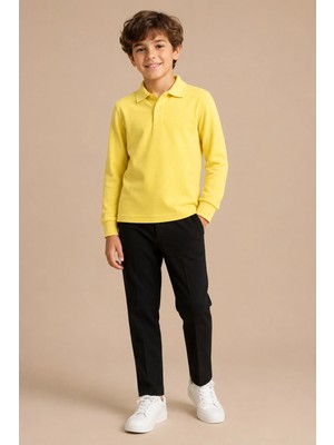 Nymora Çocuk Unisex Polo Yaka Uzun Kollu Tişört %100 Pamuk 2-14 Yaş