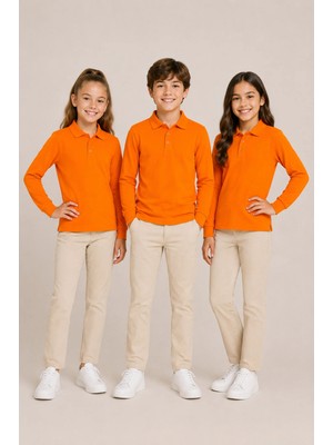 Nymora Çocuk Unisex 3'lü Polo Yaka Uzun Kollu Okul Tişört %100 Pamuk 2-14 Yaş