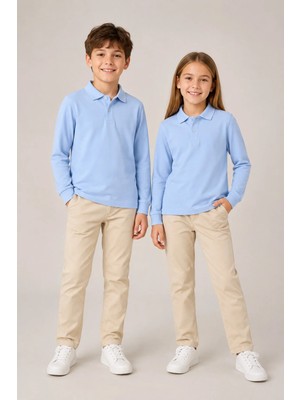 Nymora Çocuk Unisex 2'li Polo Yaka Uzun Kollu Okul Tişört %100 Pamuk 2-14 Yaş