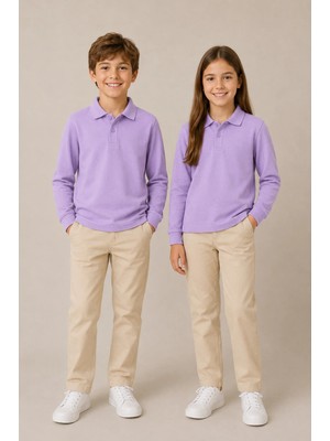 Nymora Çocuk Unisex 2'li Polo Yaka Uzun Kollu Okul Tişört %100 Pamuk 2-14 Yaş