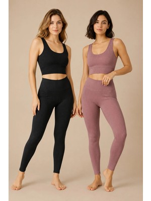 Nymora Kadın Pedli Fitilli Crop Yüksek Bel Tayt Spor Takımı 2'li Siyah-Mürdüm