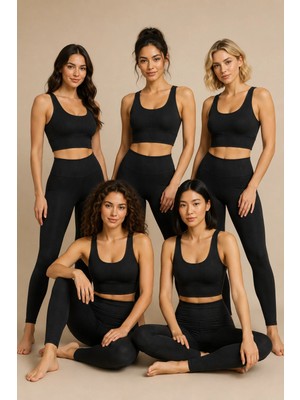 Nymora Kadın Pedli Fitilli Crop Yüksek Bel Tayt Spor Takımı 5'li Siyah