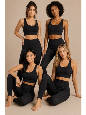 Nymora Kadın Pedli Fitilli Crop Yüksek Bel Tayt Spor Takımı 4'lü Siyah