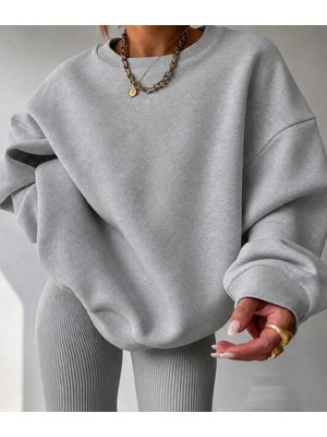 Nigrum Pardus Nıgrum Pardus Özel Seri Büyük Beden Yuvarlak Yaka Düz Renk %100 Pamuk Süper Salaş Hip Hop Kadın Sweatshırt