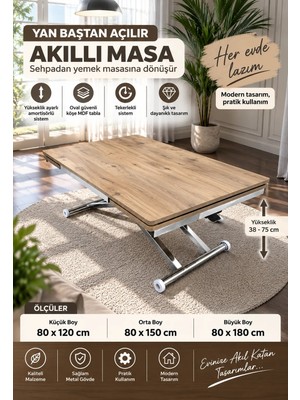 Sehpam Akıllı Yan Baştan Açılır Akıllı Yemek Masası Mdf Tabla Alt Mekanizma Metal Krom Kaplama
