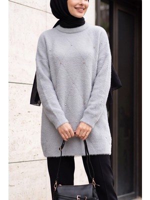 Moda Morfo Önü Taş Detaylı Sakallı Salaş Triko Tunik -Gri
