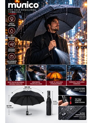 Munico Unisex Otomatik Şemsiye LED Fenerli Siyah Su Itici Kumaş Rüzgara Dayanıklı Kompakt Yağmur