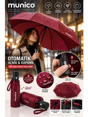 Munico Katlanabilir Otomatik Şemsiye Bordo Rüzgara Dayanıklı Su Itici Kumaş Kompakt Taşınabilir 104 cm