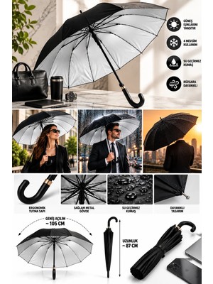 Munico Unisex Güneş ve Yağmur Şemsiyesi Siyah Gümüş Iç Yüzey Ergonomik Saplı Dayanıklı Metal Gövde