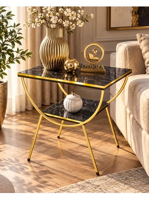 Odera Bendir Siyah Mermer Desenli Çift Raflı Yan Sehpa Komodin Metal Ayaklı Retro Modern Sehpa