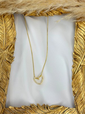 Zirkon Taşlı Kalp Gold Çelik Kolye