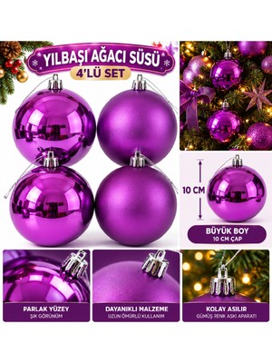 Bkmc Party 4'lü Mor Yılbaşı Ağacı Süsü 10 cm Parlak Top Noel Ağacı Dekorasyon Süsleri Yılbaşı Ağaç Süsü