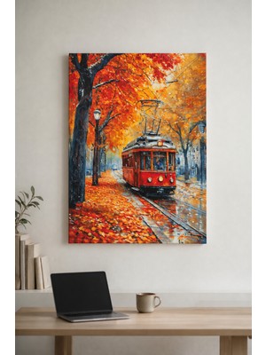 Dekor Kutum Nostalgik Kırmızı Tramvay ve Sonbahar Kanvas Tablo Yağlı Boya Görünümlü Ev ve Ofis Dekoratif Duvar Tablosu