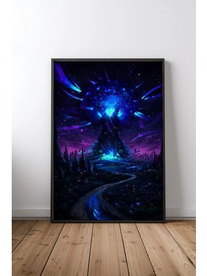 Parlayan Büyülü Ağaç Gece Çerçeveli Tablo Poster Salon Duvar Dekoru Hediye