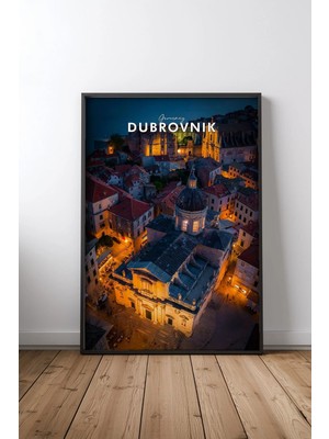Dubrovnik Eski Kasaba Gece Çerçeveli Tablo Poster Salon Duvar Dekoru Hediye