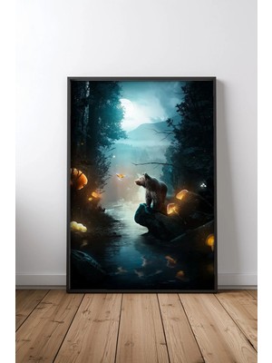 Fantastik Ayı Çerçeveli Tablo Poster Genç Odası Duvar Dekoru Hediye