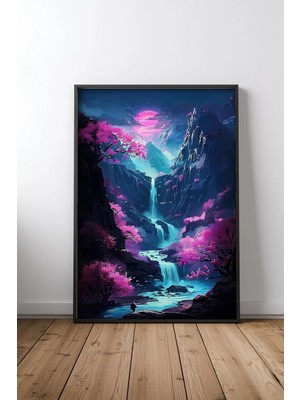 Fantastik Şelale Manzara Kiraz Çiçekleri Çerçeveli Tablo Poster Genç Odası Duvar Dekoru Hediye