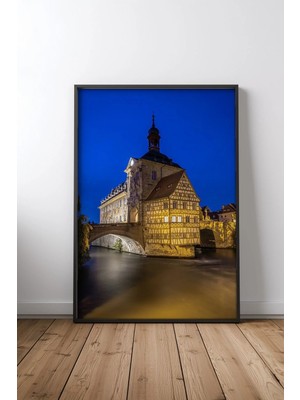 Bamberg Eski Kasaba Salonu Gece Çerçeveli Tablo Poster Salon Duvar Dekoru Hediye