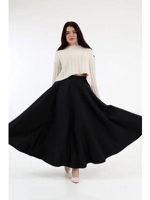Berel Moda Tesettür Etek Siyah Scuba Tam Kloş Beli Lastikli Uzun