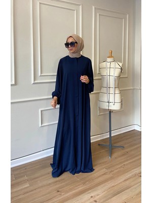 Berel Moda Tesettür Elbise Ferace Lacivert Lina Balon Kol Gizli Fermuarlı Cepli Kemerli
