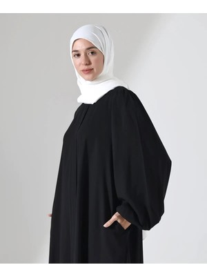 Berel Moda Tesettür Elbise Ferace Siyah Lina Balon Kol Gizli Fermuarlı Cepli Kemerli