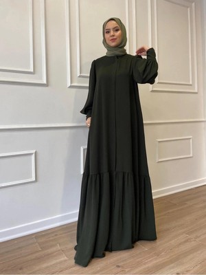 Berel Moda Tesettür Elbise Ferace Haki Sena Balon Kol Eteği Fırfırlı Kemerli Krep