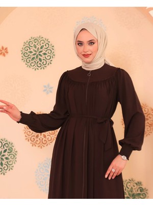 Berel Moda Tesettür Elbise Ferace Kahverengi Mihrimah Robalı Manşeti Gipeli Çift Cepli Kemerli