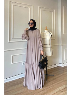 Berel Moda Tesettür Elbise Ferace Bej Sena Balon Kol Eteği Fırfırlı Kemerli Krep