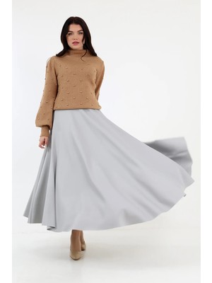 Berel Moda Tesettür Etek Gri Scuba Tam Kloş Beli Lastikli Uzun