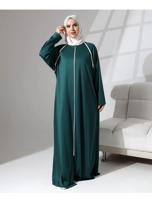 Berel Moda Namaz Feracesi Yeşil Boydan Fermuarlı Biyeli Oversize Denye Günlük Kullanıma Uygun