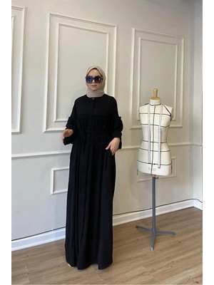 Berel Moda Tesettür Elbise Ferace Siyah Hüma Kemerli Cepli Kol Ağzı Lastikli Dökümlü