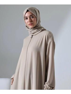 Berel Moda Şallı Namaz Feracesi Bej Luabe Kese Hediyeli Cepli Manşeti Lastikli