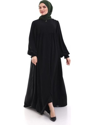 Berel Moda Tesettür Elbise Ferace Siyah Ponçik Roba Detaylı Balon Kollu Dökümlü