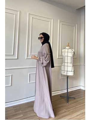 Berel Moda Tesettür Elbise Ferace Bej Hüma Kemerli Cepli Kol Ağzı Lastikli Dökümlü