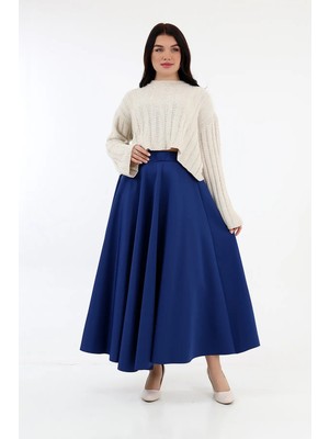 Berel Moda Tesettür Etek Indigo Mavisi Scuba Tam Kloş Beli Lastikli Uzun