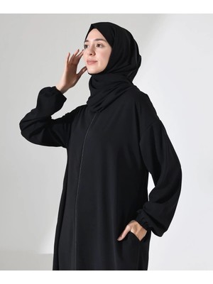 Berel Moda Şallı Namaz Feracesi Siyah Luabe Kese Hediyeli Cepli Manşeti Lastikli